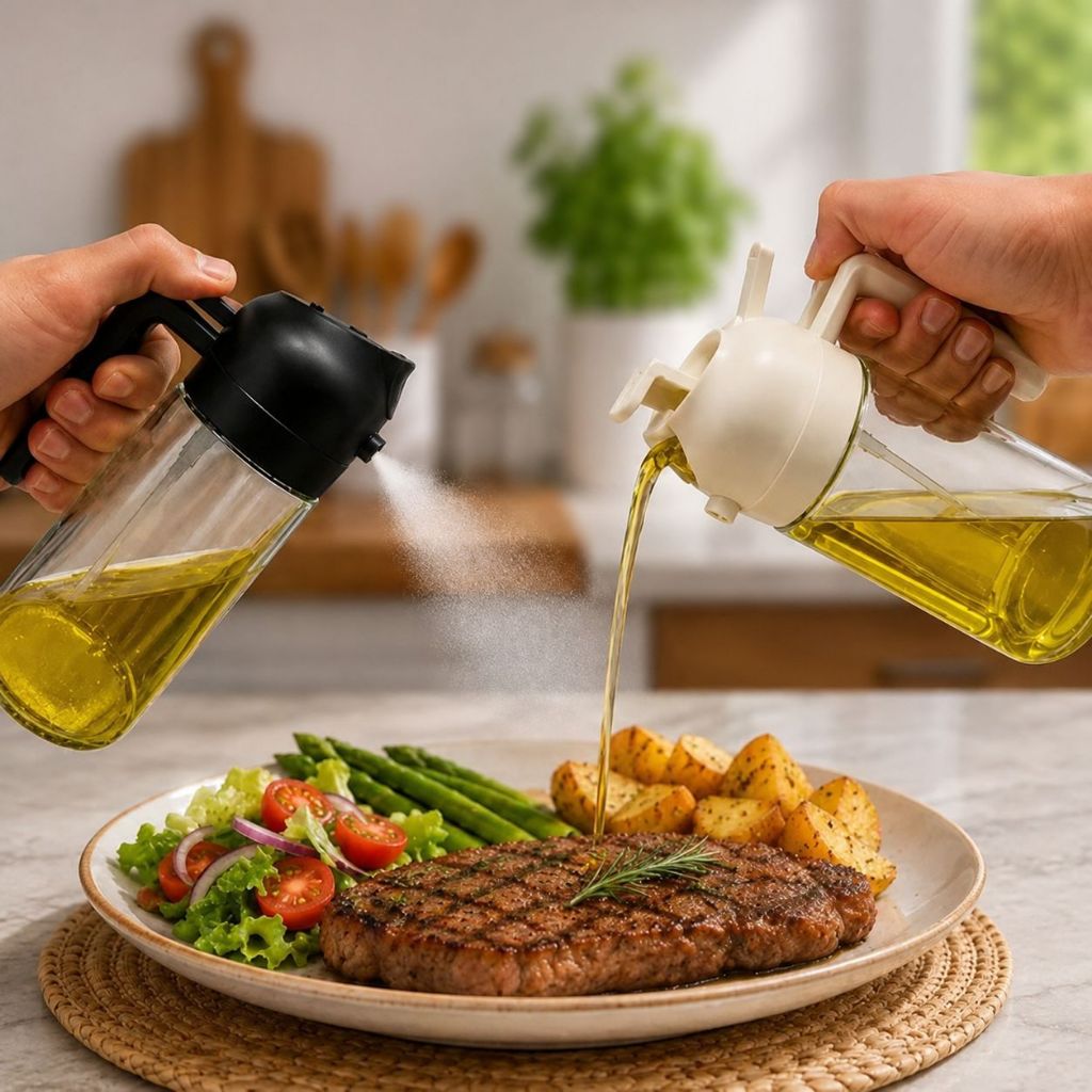 Spray Azeite Galheteiro 2 em 1 Porta Oleo Vidro Borrifador e Dosador Vinagre Shoyu Cozinha 470ml