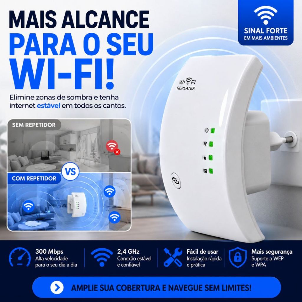 Repetidor de Sinal Wi-Fi Turbo 2.4GHz Bivolt com WPS e Porta LAN
