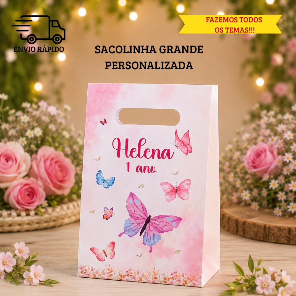 Sacolinha Surpresa Grande Personalizada para Festa - BORBOLETA - Fazemos outros temas!! Pegue e Monte