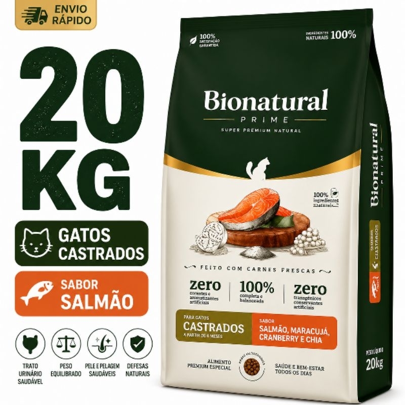 Ração Bionatural Para Gatos Castrados sabor Salmão 20 KG Ração Super Premium