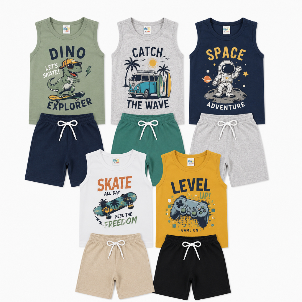 Conjuntos Infantil Menino Kit 8 ou 4 Peças Regata + Bermuda Roupas Infantil Menino Verão 4 ou 2 Conjuntos 100% Algodão