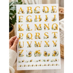 Adesivos DTF UV Alfabeto Abelhinhas A a Z | Adesivo Abelha Floral para Caneca Copo Garrafa Personalizados