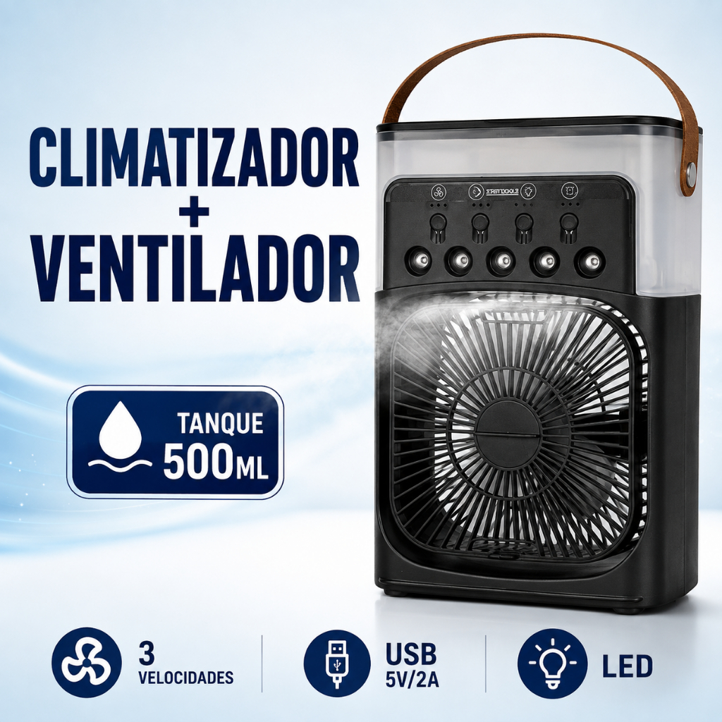 Climatizador Ventilador Umidificador Portátil 500ml USB LED 10W 3 Velocidades Preto