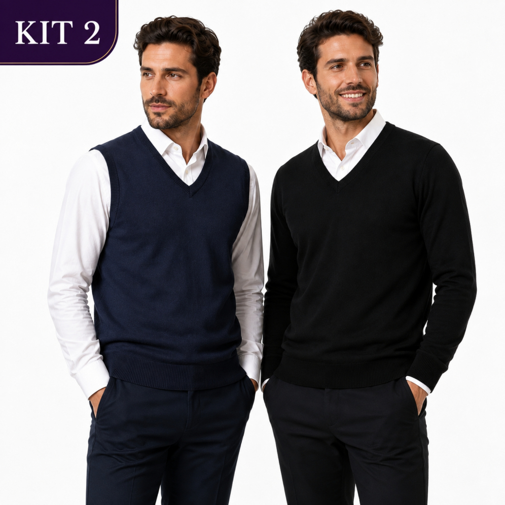 Kit 2 Masculino Suéter + Colete Tricô Gola V Social Casual Inverno
