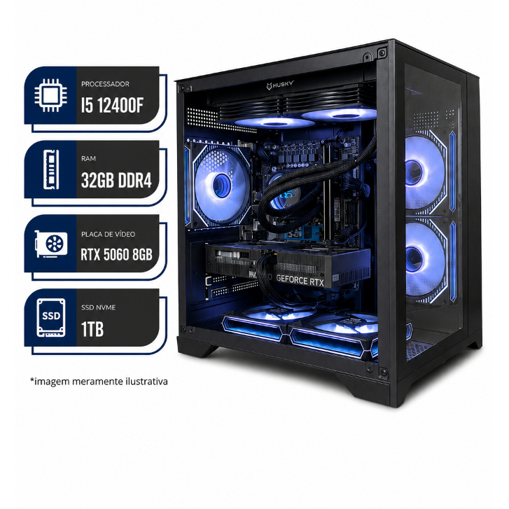 PC Gamer-I5 12400F, RTX 5060 8GB, H610M GIGABYTE, 32GB RAM DDR4, SSD NVME 1TB, 6