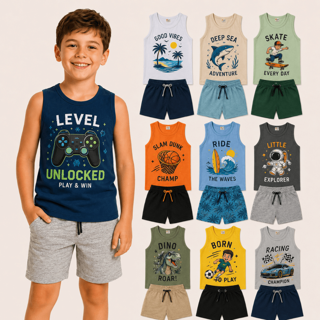Conjunto Infantil Menino 8 ou 4 Peças Regatas Shorts/Bermudas 4 ou 2 Conjuntos Verão Masculino 100% Algodão Leve e Macio