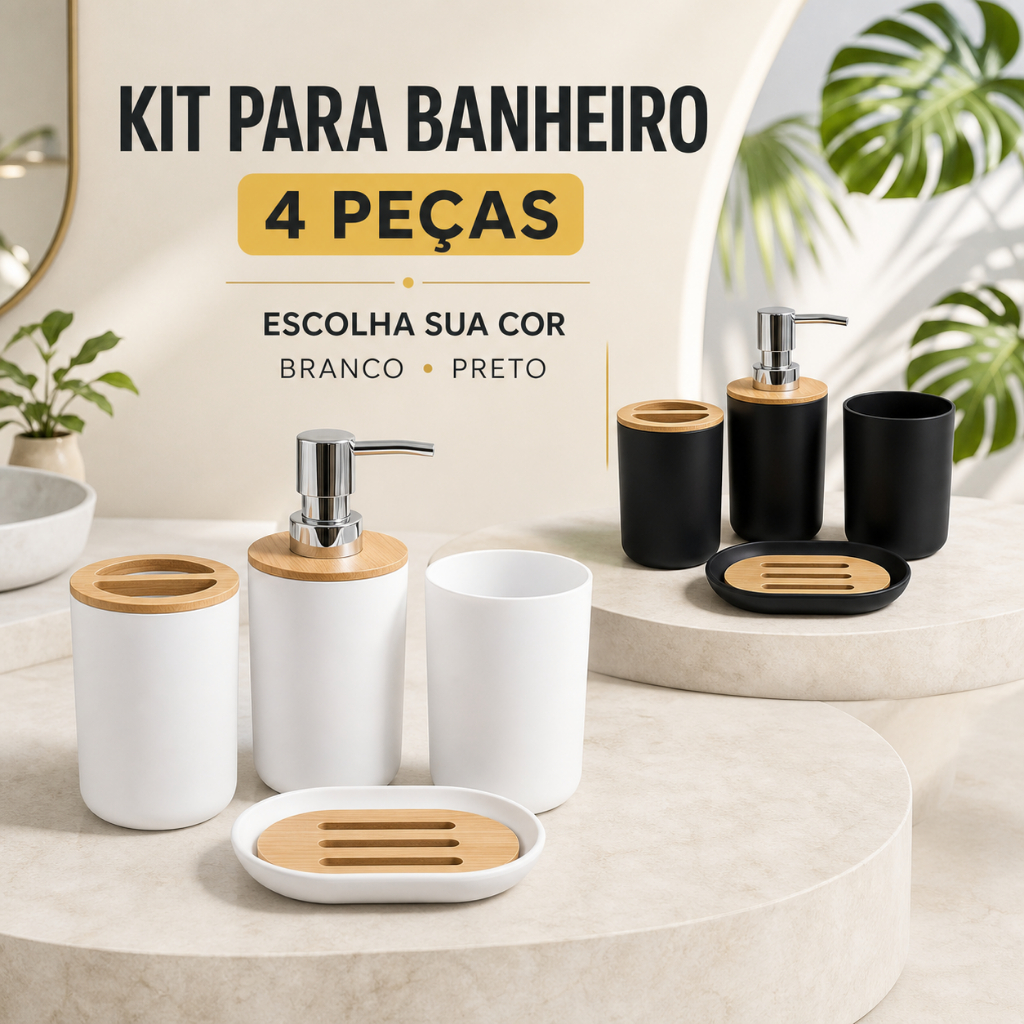 Kit Banheiro 4 Peças Luxo Dispenser de Sabonete Líquido Porta Escova de Dentes Saboneteira