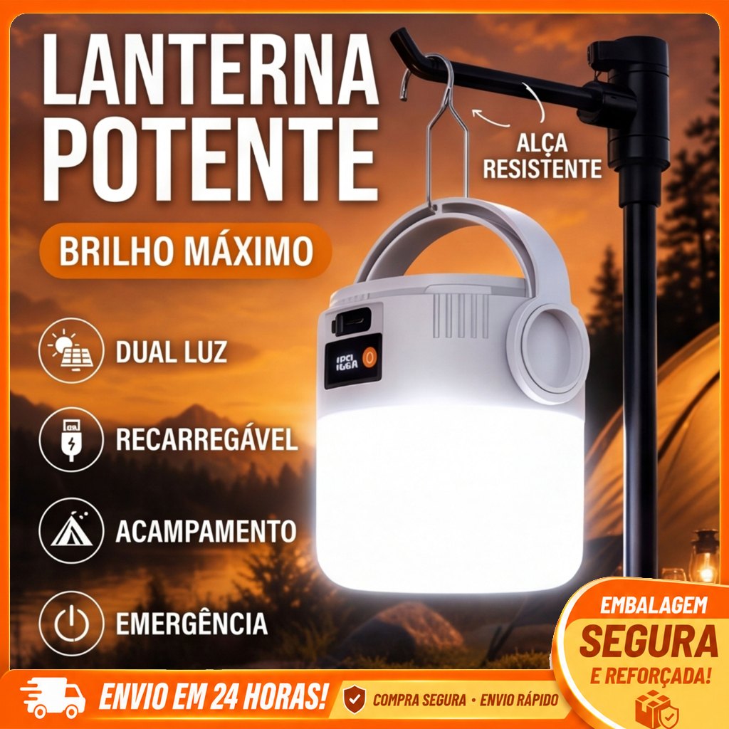 Lanterna Solar LED Recarregável Camping Pesca Emergência Portátil com Gancho para Pendurar Luz de Acampamento
