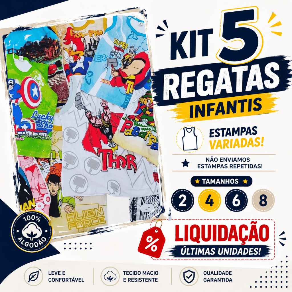 Kit 5 Regatas Infantil Menino 100% Algodão Estampas Variadas Tamanhos 2 ao 8