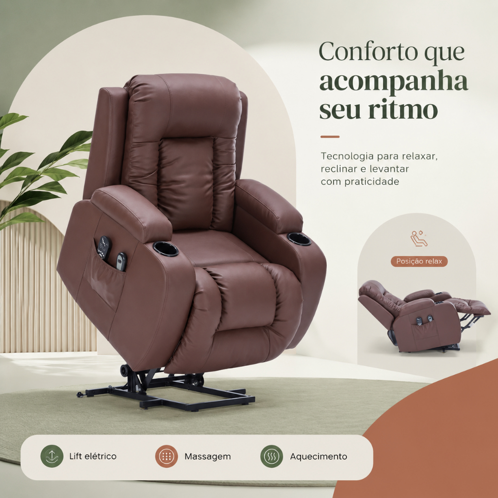 Poltrona de Massagem Poltrona Reclinável Poltrona do Papai Austin Elevação Lift 150º PU Marrom Chocolate G94
