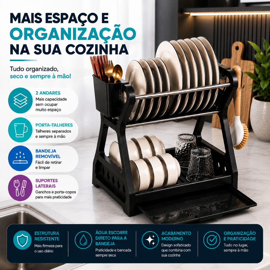 Escorredor de Louças 2 Andares com Porta Talheres Bandeja Removível Porta Talheres Pratos Copos -AE