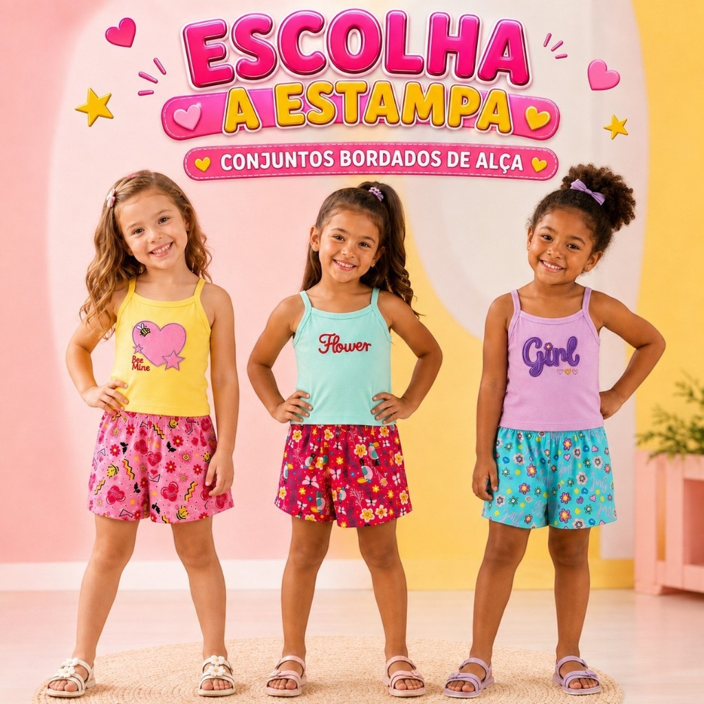 Conjunto Infantil Feminino Verão - Blusa de Alça Bordada e Shorts Estampado Menina 1 ao 16