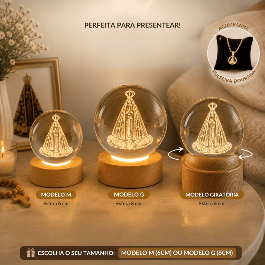 Luminária Cristal LED Nossa Senhora Aparecida Católica Religiosa Decoração + Pulseira Nossa Senhora Brinde