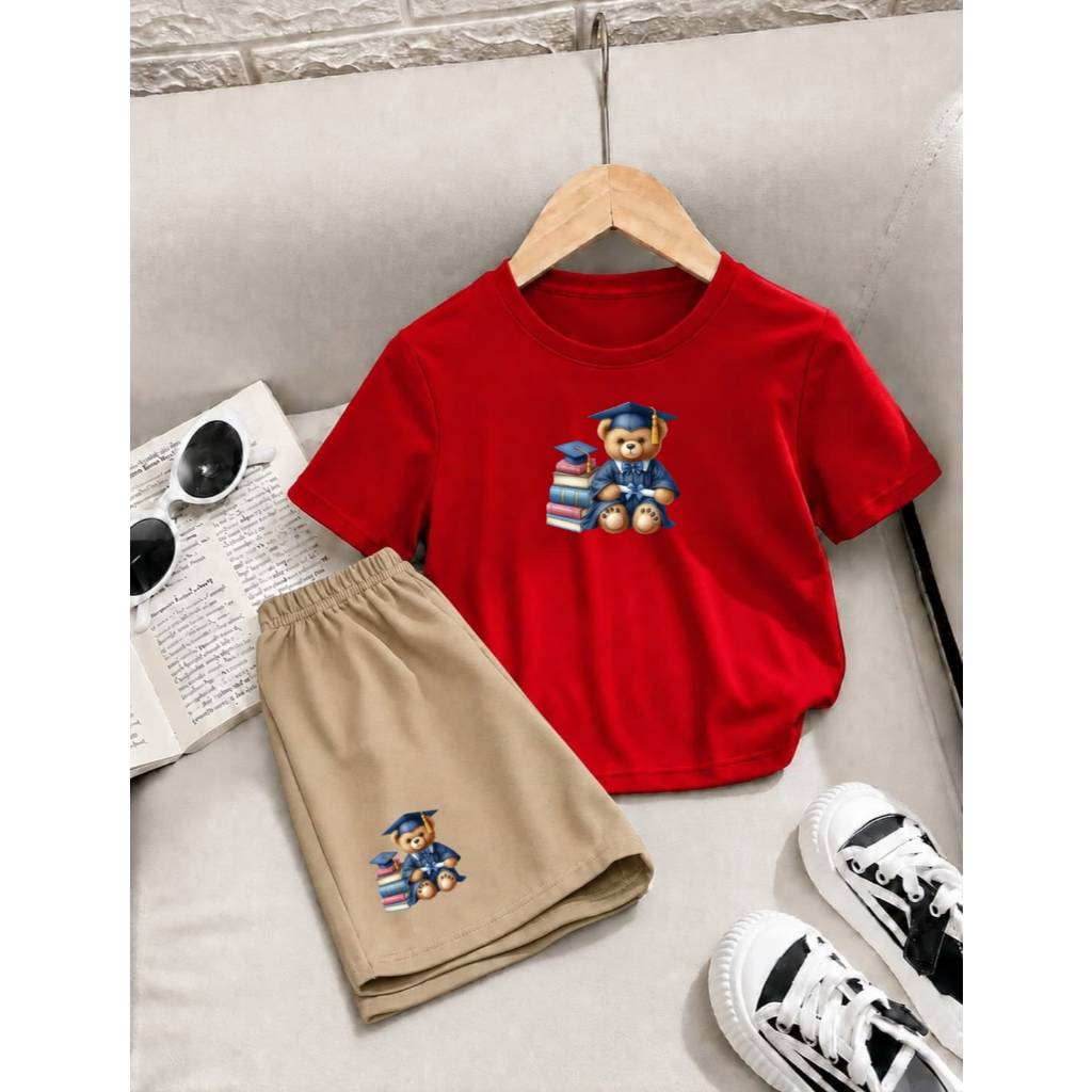 Conjunto Infantil Menino Estiloso Camiseta Básica + Short Moletom Confortável Estampa de Ursinho Formado
