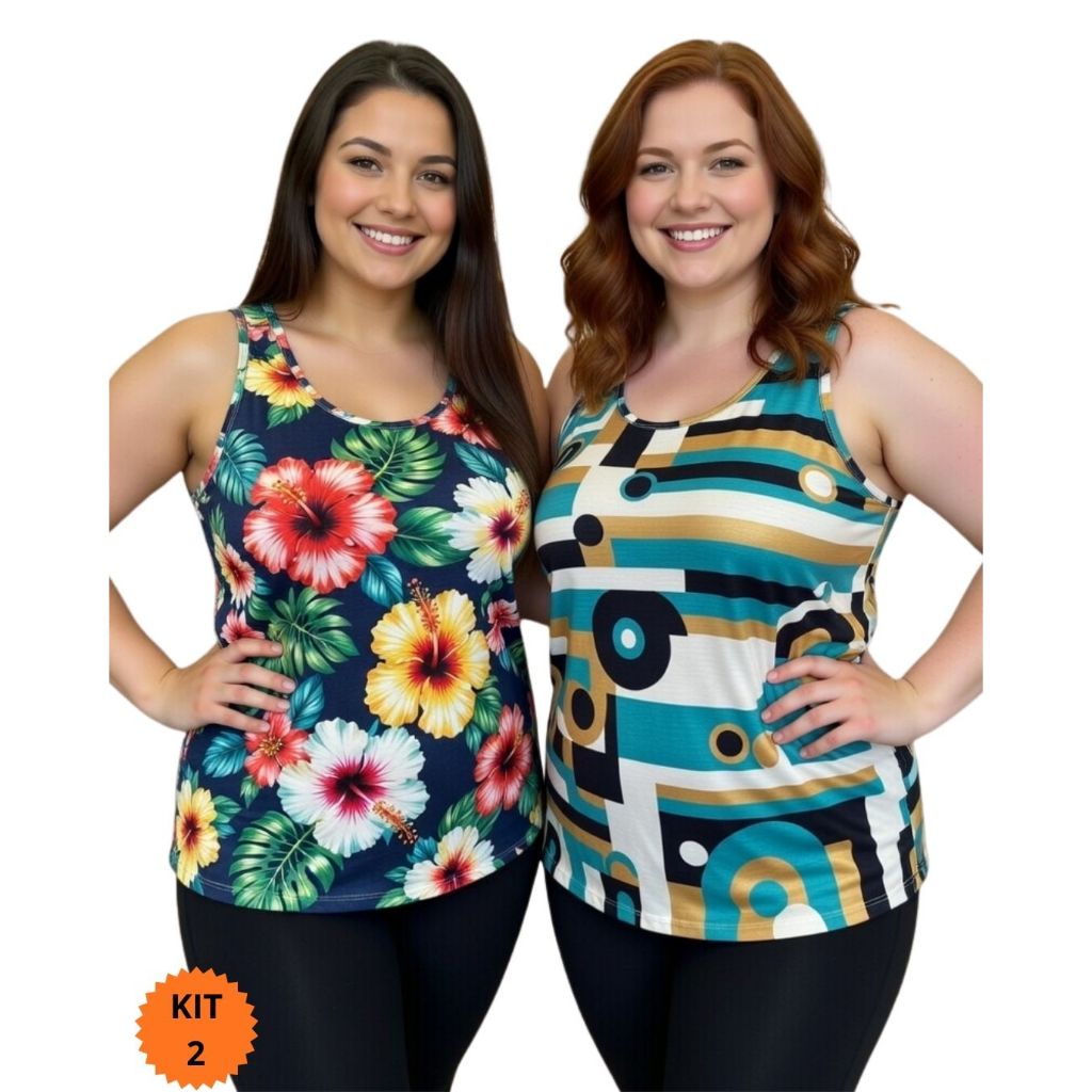 Kit 2 Blusas Femininas Liganete Plus Size Regata Alça Larga | G1 G2 | Estampas Variadas
