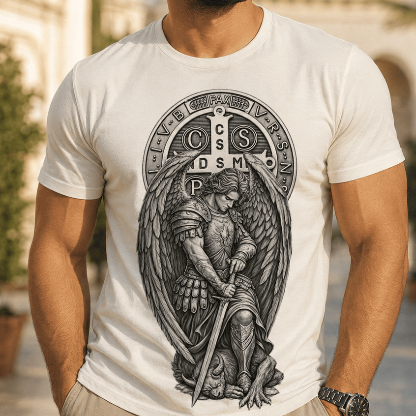 **Camiseta Católica Masculina São Miguel Arcanjo Medalha São Bento 100% Algodão Religiosa Premium**