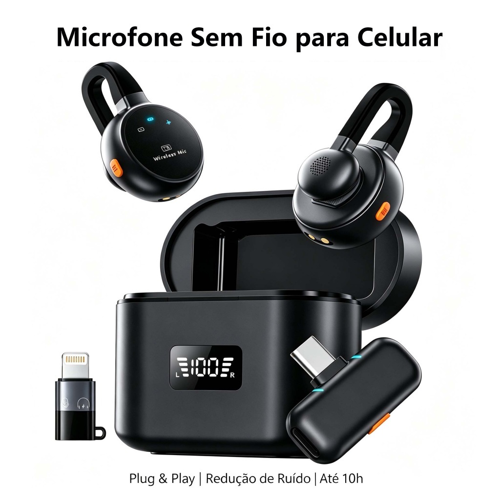 Microfone Lapela Sem Fio Duplo com Redução de Ruído para Celular