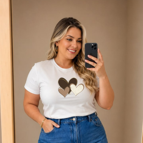 Camiseta Feminina Plus Size P ao G5 Estampada Corações Algodão 30.1 Confortavel