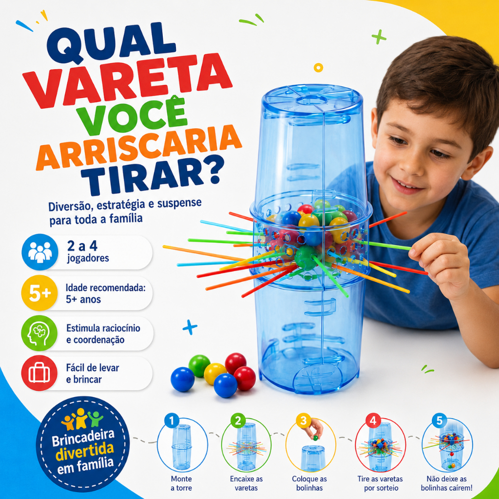 Jogo Tira Varetas com Bolinhas Infantil Educativo Torre Equilíbrio 2 a 4 Jogadores 5+