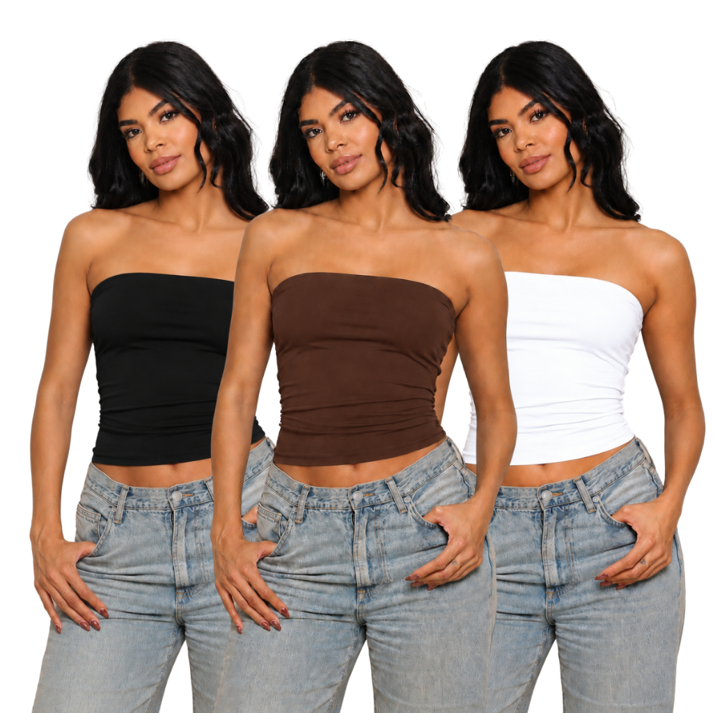 KIT 3 - Blusa Feminina Tube Top Forrada - Tomara que Caia Sem Alça - Basica