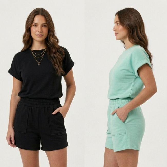 Conjunto Feminino Moletinho Verão Short Blusa Casual com Bolso Confortável Moda Básica Elegante Cintura Alta Gola