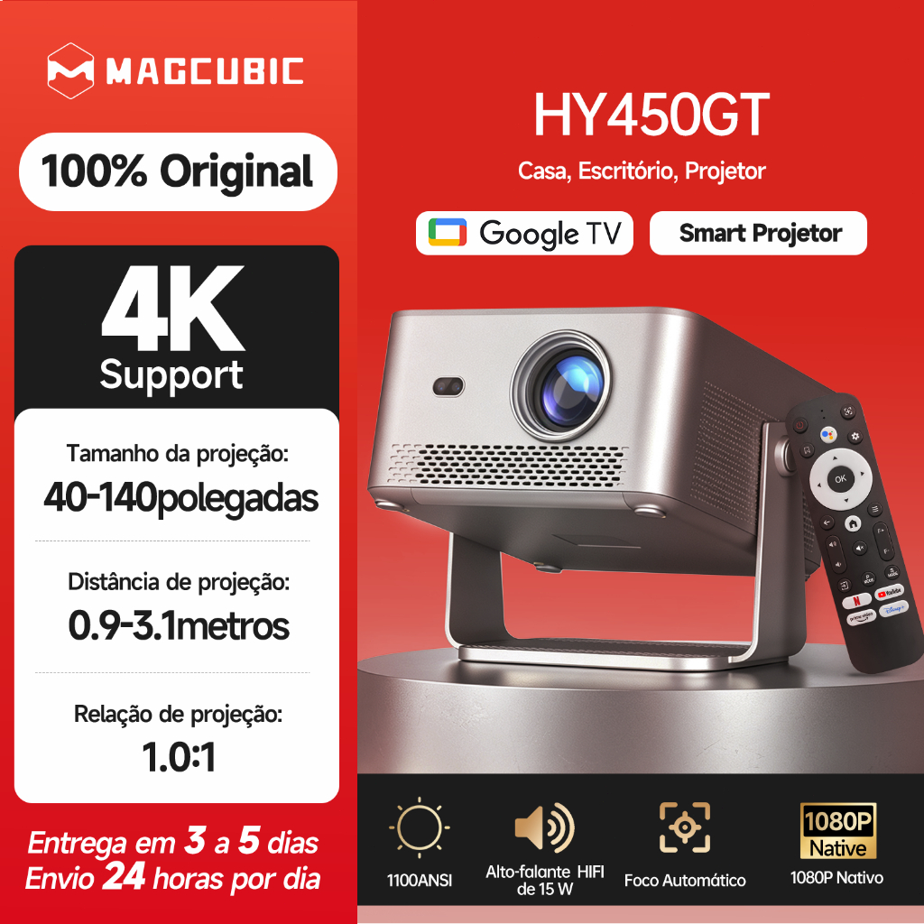Magcubic Projetor HY450GT 1100ANSI Google TV Foco Automático 1080P Nativo Alto-falante De 15 W