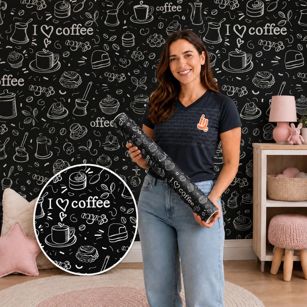 Papel de Parede Para Cozinha Love Coffee Preto e Branco