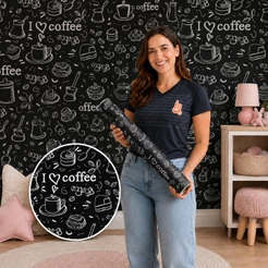 Papel de Parede Para Cozinha Love Coffee Preto e Branco