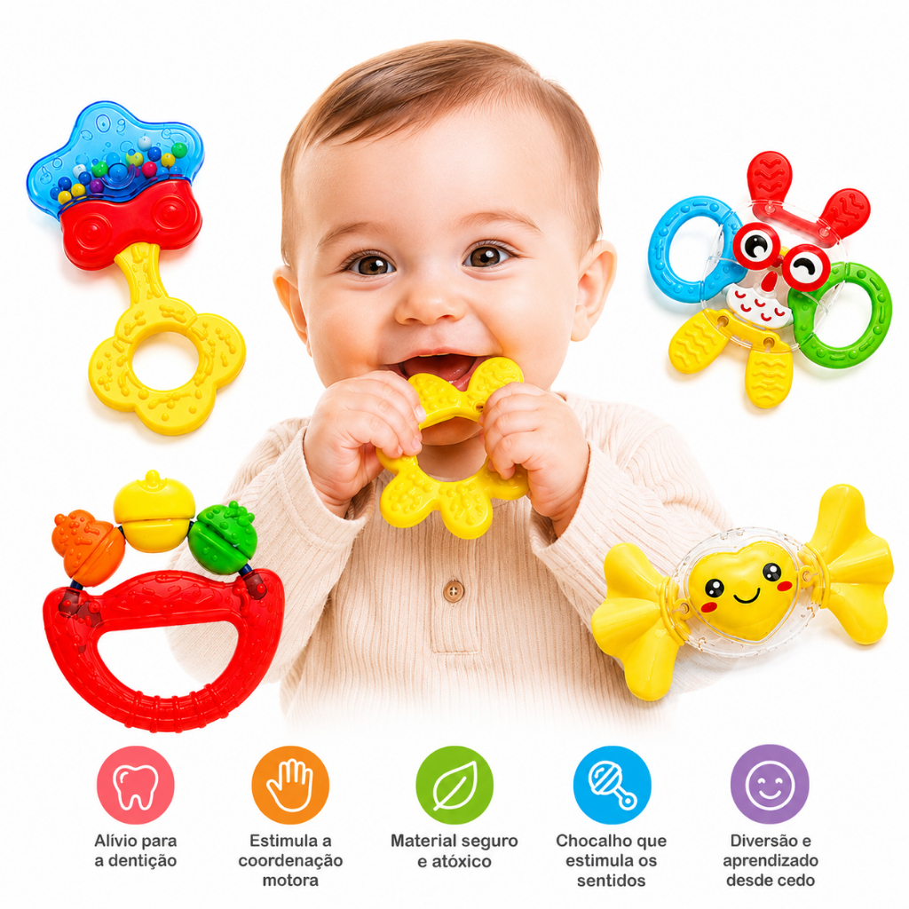 Kit 5 Mordedores e Chocalhos para Bebê Brinquedo Sensorial  Dentição Infantil Educativo Montessori