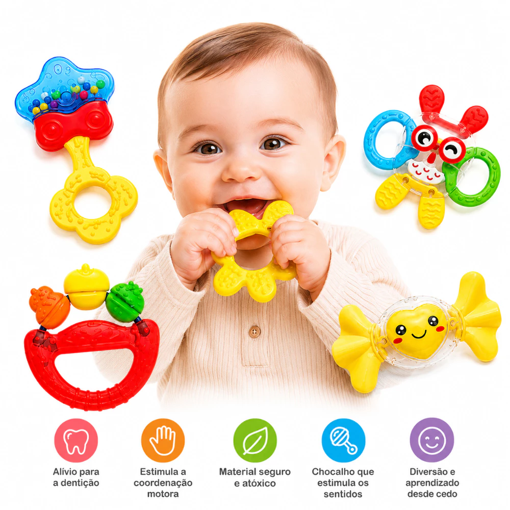 Kit 5 Mordedores e Chocalhos para Bebê Brinquedo Sensorial Dentição Infantil Educativo Montessori