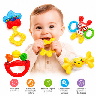 Kit 5 Mordedores e Chocalhos para Bebê Brinquedo Sensorial  Dentição Infantil Educativo Montessori