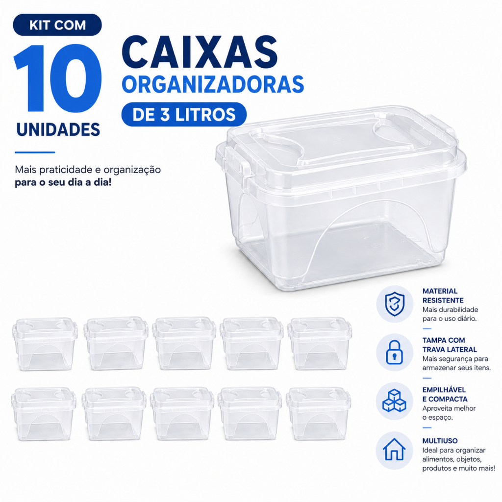 Kit 10 Caixas Organizadora 3 Litros Com Trava Transparente Plástico Resistente Multiuso Organizador Escritório Cozinha