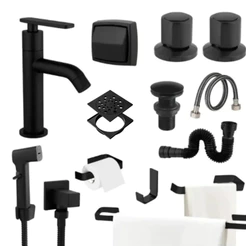 Kit Acessórios Banheiro Preto Fosco + Torneira ABS + 2 Acabamento Padrão Deca + Ducha Higiênica