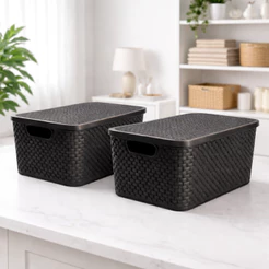 Kit 2 Cestos Organizadores Multiuso Rattan 7L Com Tampa Colorido