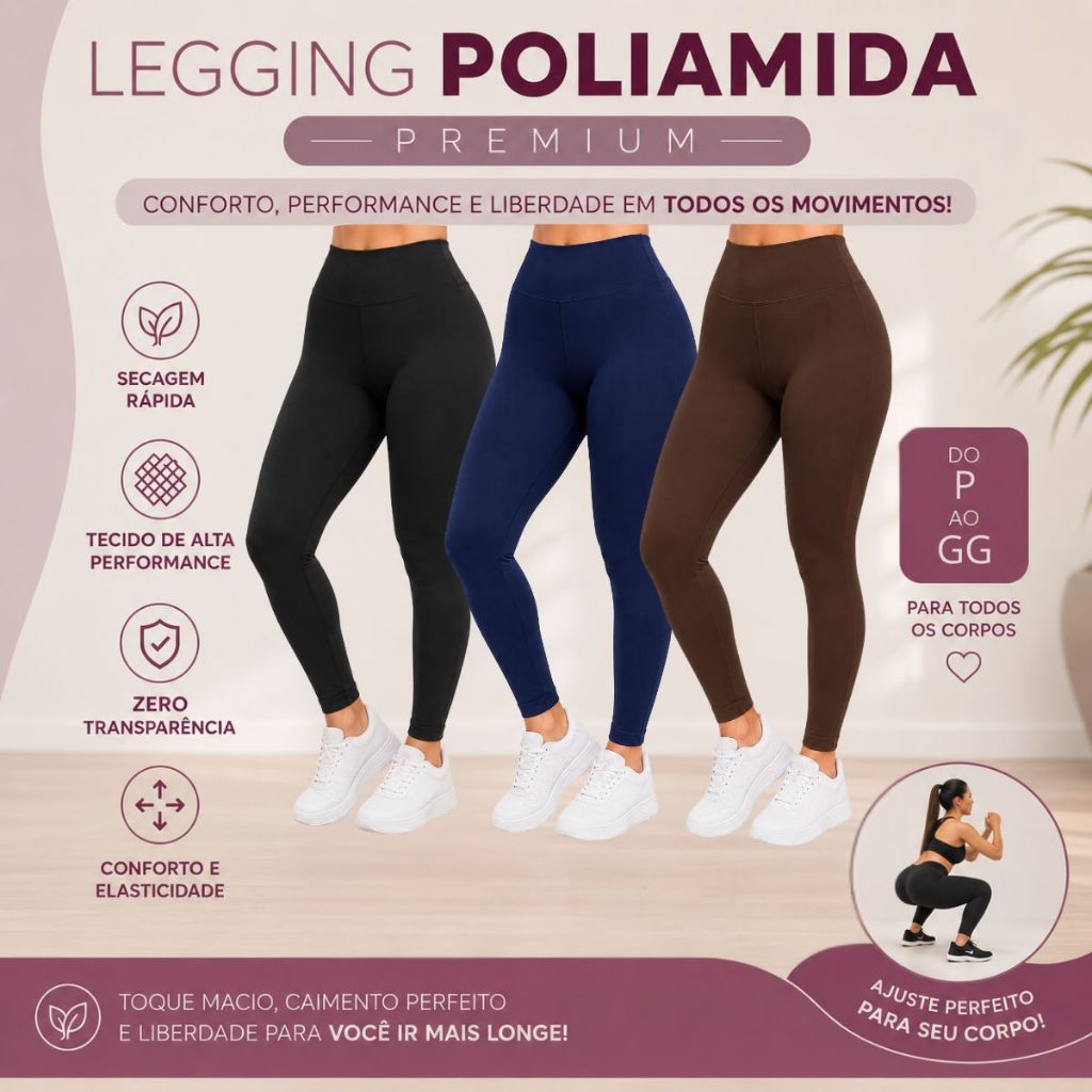 Legging Fitness Feminina Poliamida Premium P ao GG Zero Transparência Academia