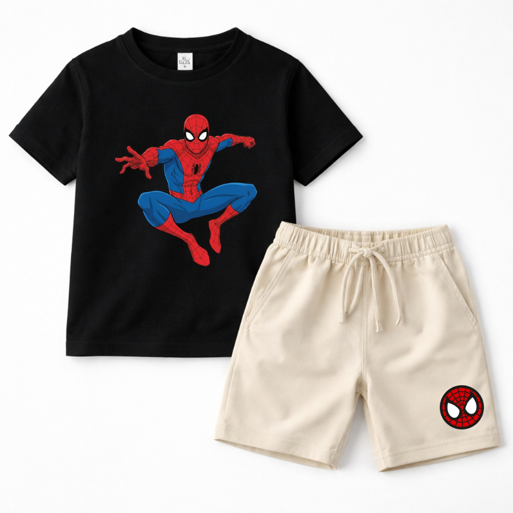 Conjunto Infantil Estampado Camisa + Short Homem Aranha Herói Kit 100% Algodão