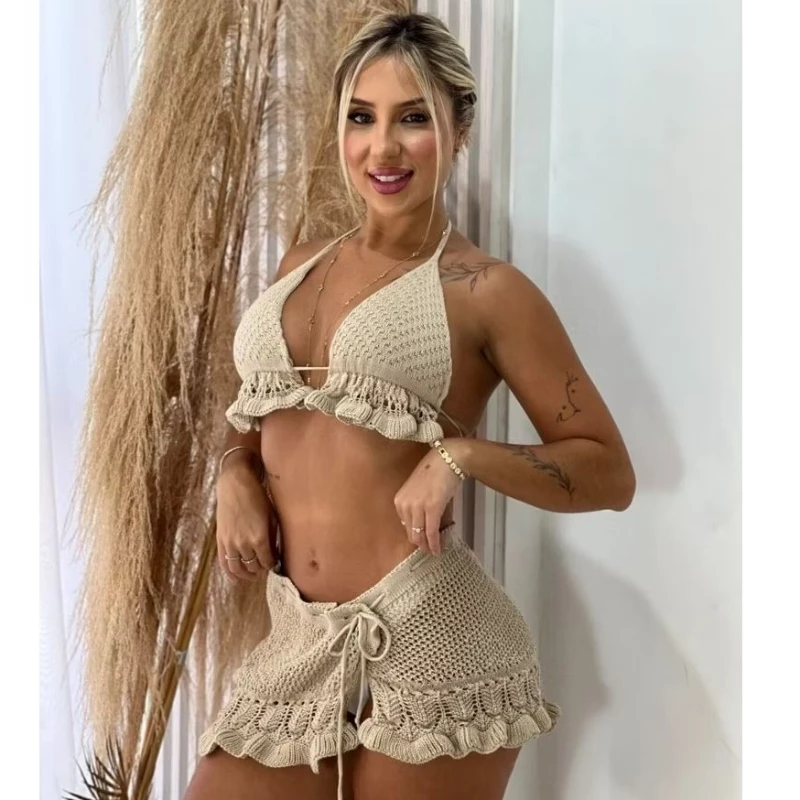 Conjunto Feminino Crochê – Top Cortininha + Saia Curta com Amarração | Moda Praia Elegante Verão — imagem 1