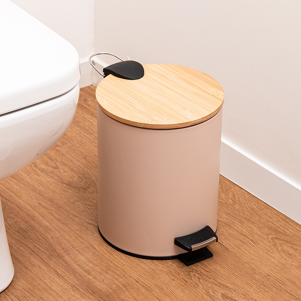 Lixeira Redonda com Tampa em Bambu e Pedal Lyor 5L Bege Aço Inox Organizador Resistente Higiênica Banheiro Elegante Casa · foto 2