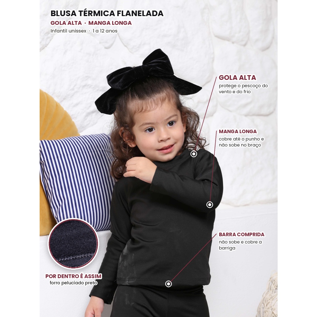 Blusa Térmica Infantil Escolar Menina Menino Segunda Pele Cacharrel Manga Longa Gola Alta Forrada Flanelada Quentinha