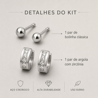 Kit com 2 pares de brincos em aço cirúrgico
