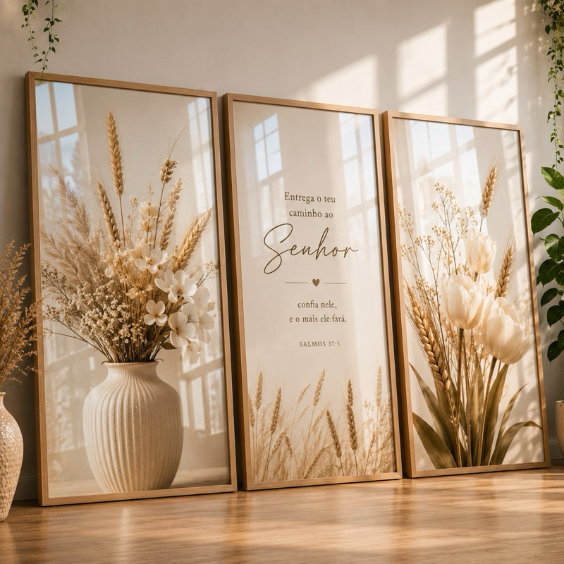 Quadros Decorativos Religiosos 3 Peças Salmos 37:5 Fé em Deus Floral Bege Sala Quarto