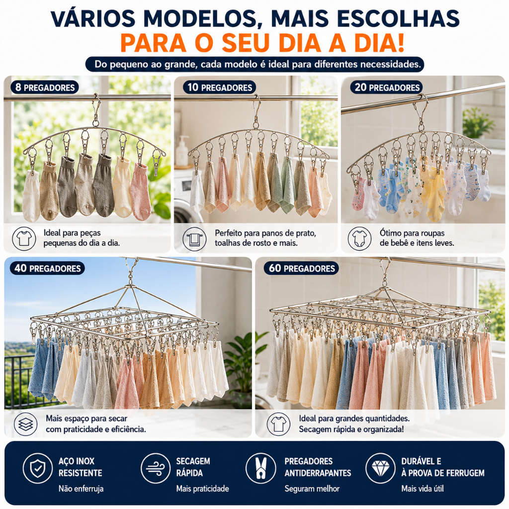 Varal Inox com 8/10/20/40/60 Pregadores para Meias Roupas Íntimas Calcinha Cueca Lavanderia