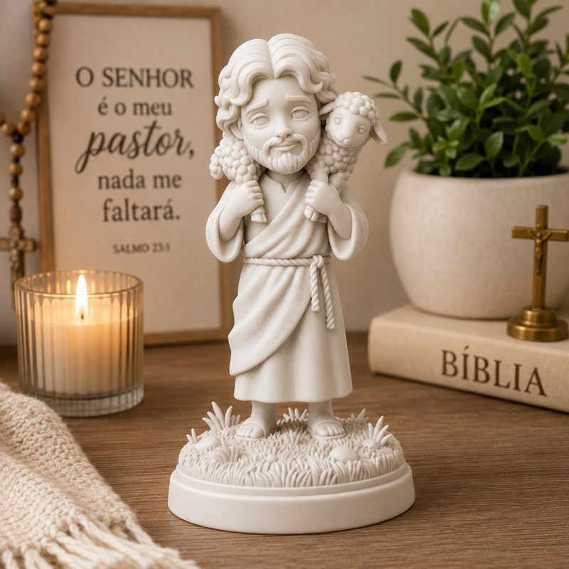 Jesus Bom Pastor com Ovelha Imagem Religiosa Católica Decoração para Altar Oratório Presente de Fé