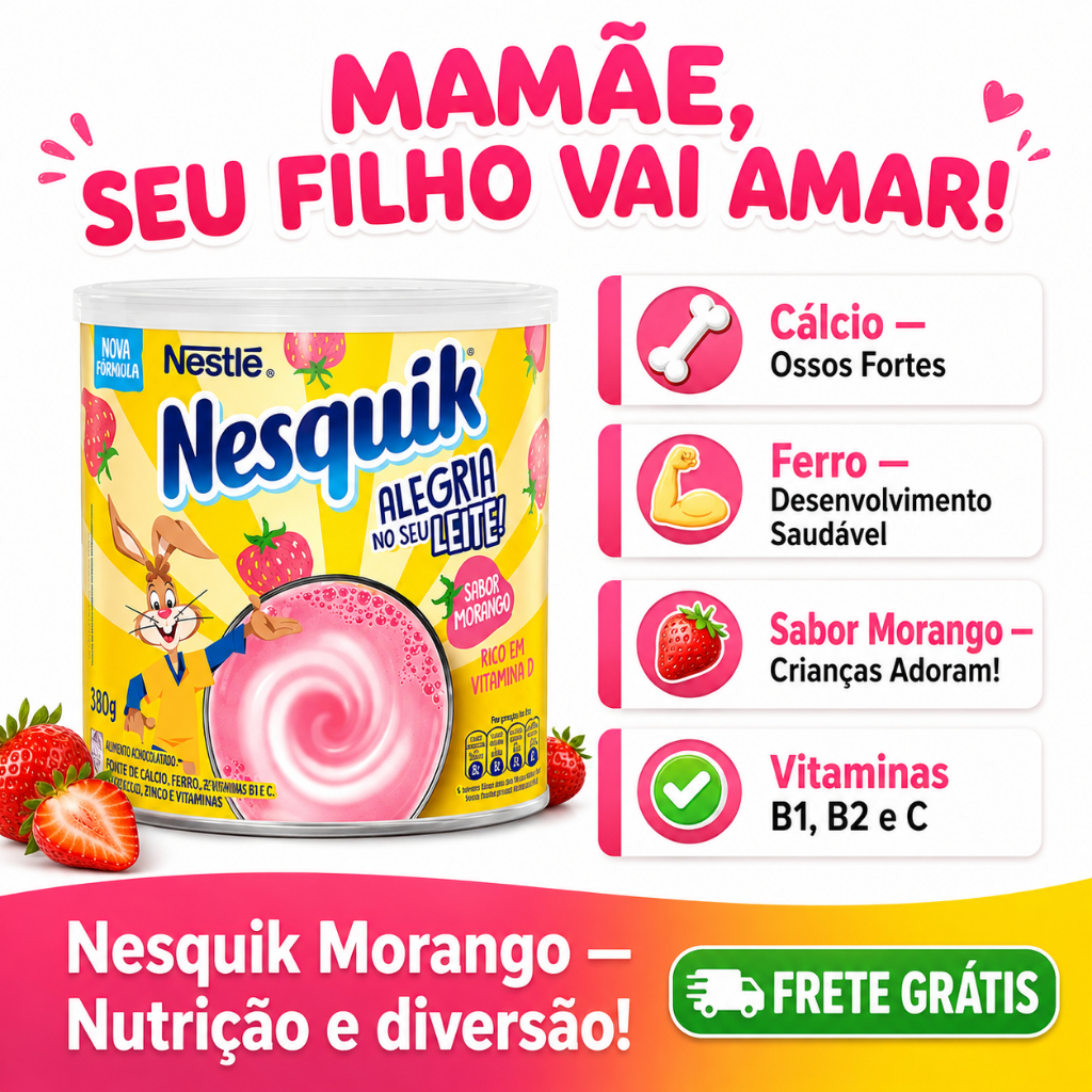 Nesquik Morango Nestlé 380g | Vitamina Rico em Cálcio | Achocolatado Infantil Leite