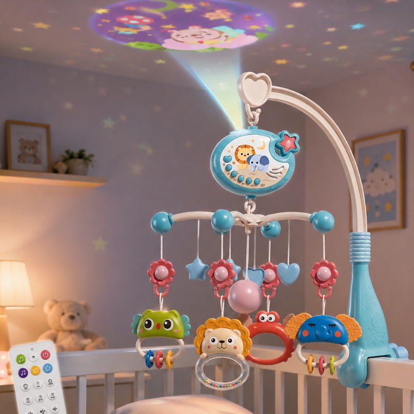 Mobile De Berço Musical Bebes Luz Projetor Estrelas Rotação 360 Controle Remoto Som Relaxante