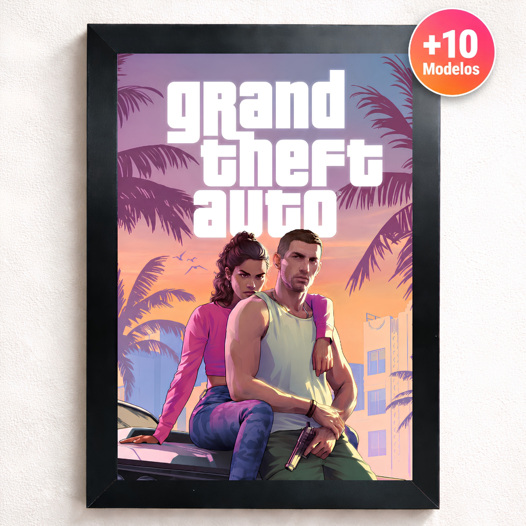 Quadro GTA 6 Lucia e Jason Gamer Videogame Decoração Placa Decorativa Trevor CJ Jogo Playstation Ps5