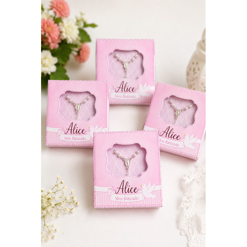 Kit 10 Lembrancinhas de Batizado Personalizadas com Mini Terço