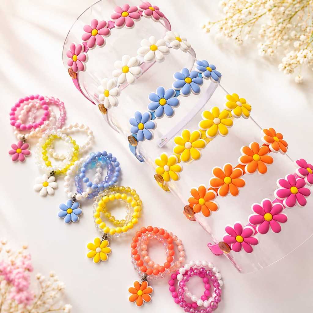 Kit Tiara Arco Flores Jardim Encantado Margarida Cabelo Infantil Pulseiras Coloridas Menina