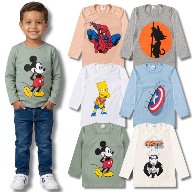 Kit 4 Camisetas Manga Longa Masculina / Menino Estampada Infantil Juvenil Meia Estação Cotton do 3 ao 16