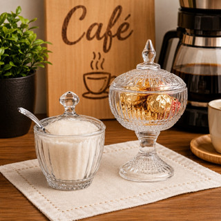 Kit Bomboniere Potiche de Vidro com Açucareiro de Vidro Mesa Posta Cantinho do Café